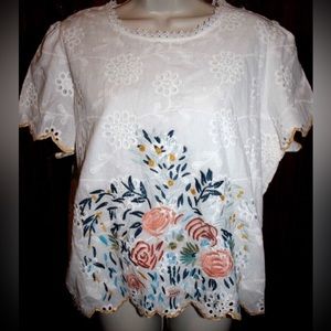 EUC Eyelet Embroidered Short Sleeve Top Orange Creek blouse, size XL